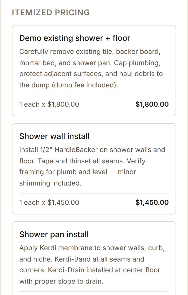 Itemized proposal pricing cards: demo, shower wall install, and shower pan install, each with plain-language descriptions and prices