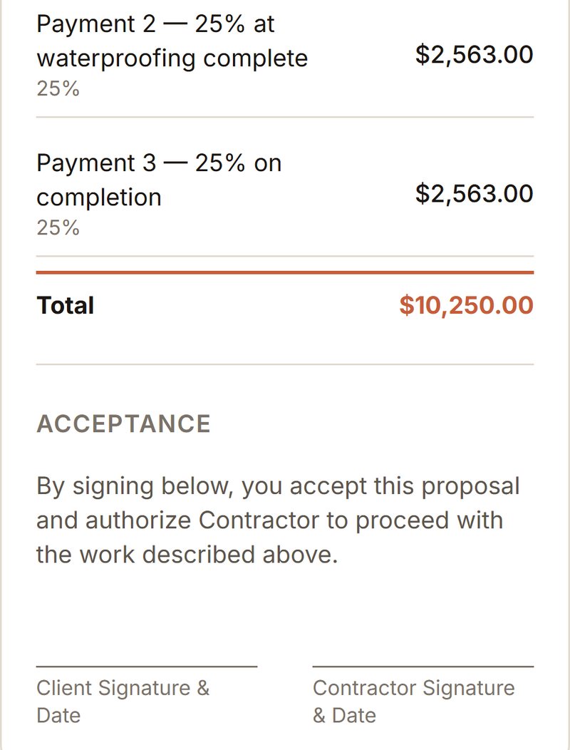 The payment schedule, $10,250 total, and signature block of a proposal built in BidCraft Tile