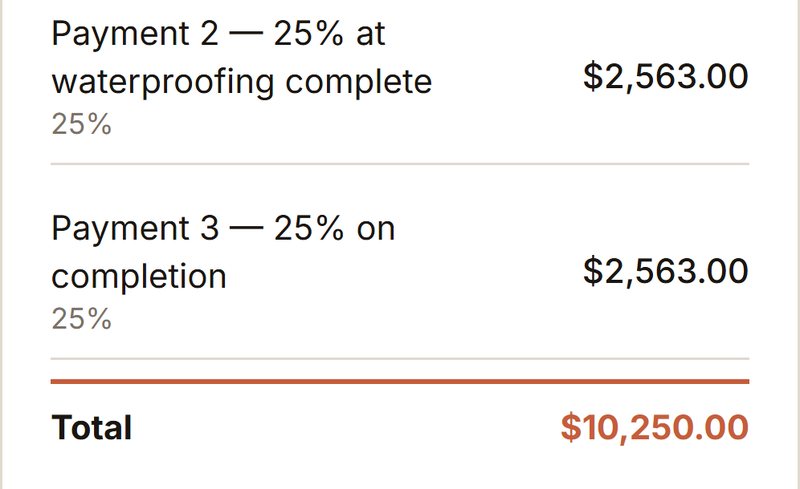 The payment schedule and $10,250 total of a proposal built in BidCraft Tile
