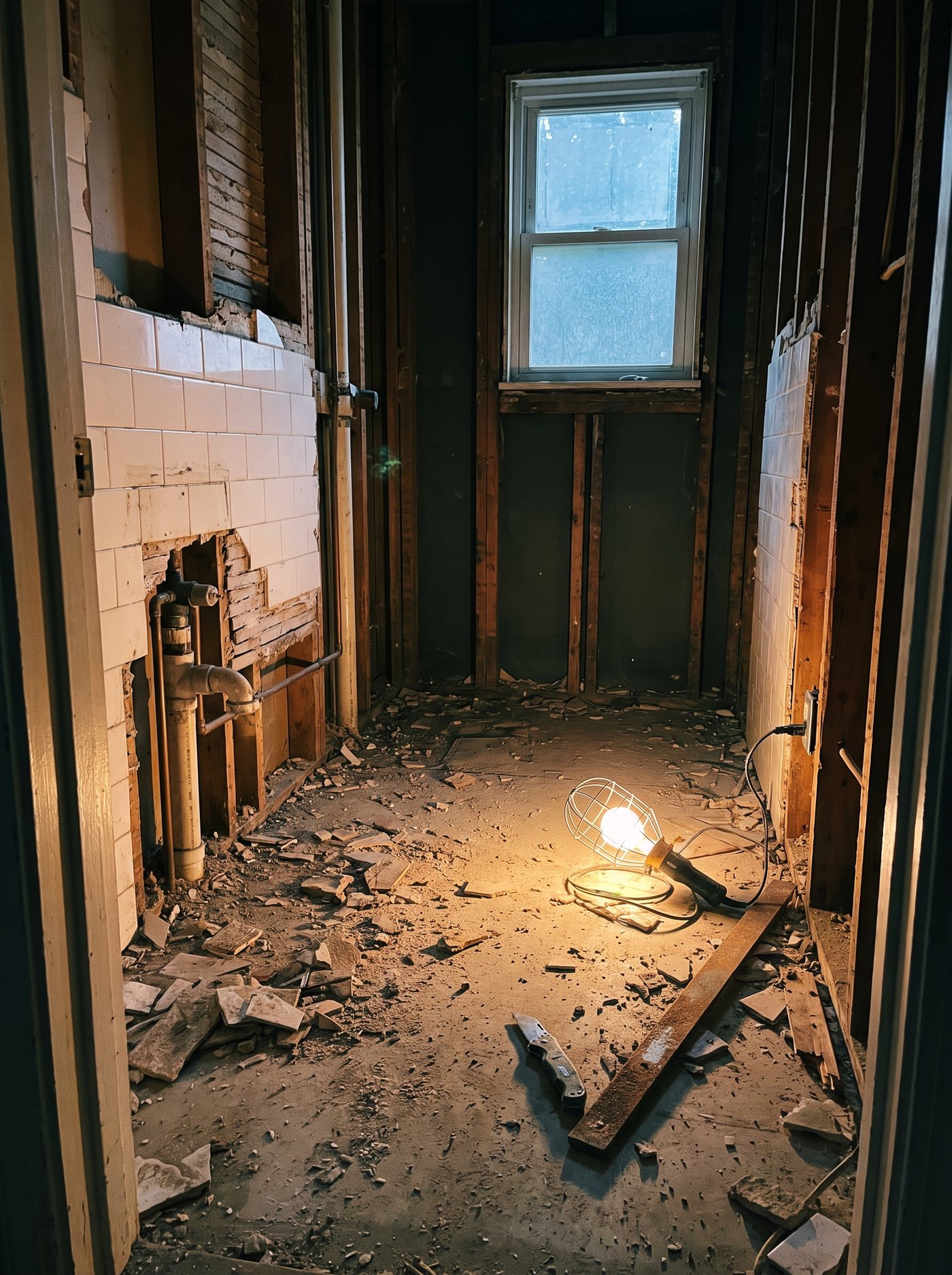 A bathroom gutted to the studs mid-remodel, lit by a warm work lamp